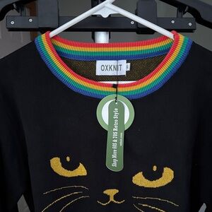OXKNIT Women's Black Cat Sweater with Rainbow Collar